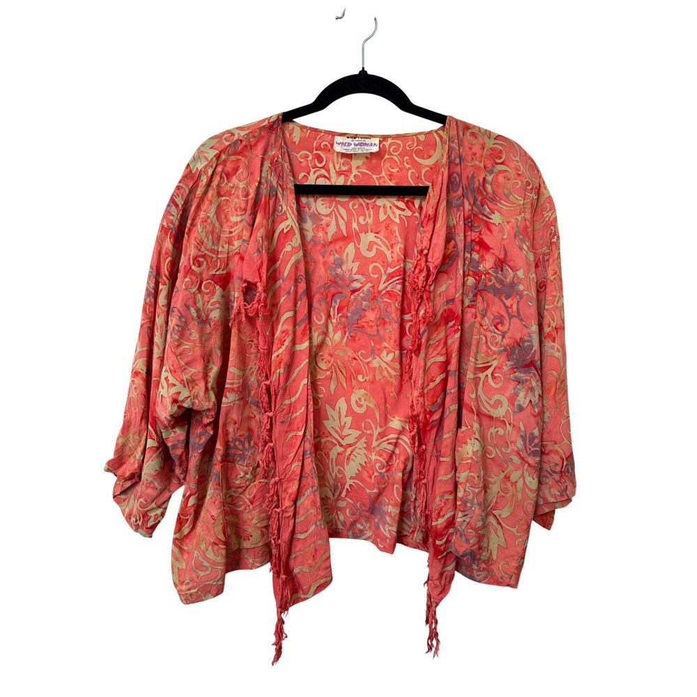 Wild Woman Chico CA Batik Kimono Jacket Coral Floral Tassel Fringe Rayon OS